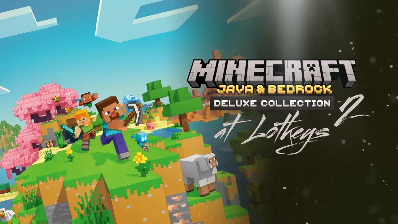 Postacie z Minecrafta na tle blokowego świata. W tle logo