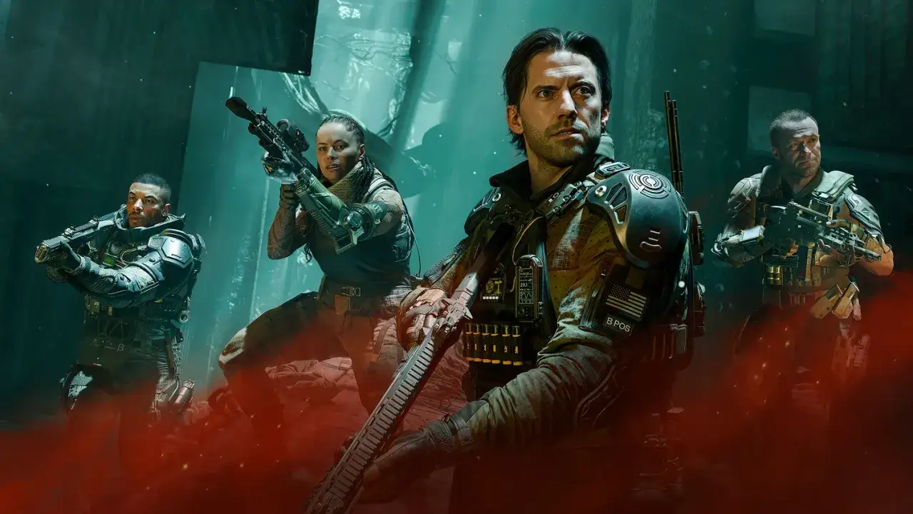 Czterech żołnierzy w futurystycznych pancerzach, gotowych do akcji w grze black ops 7.