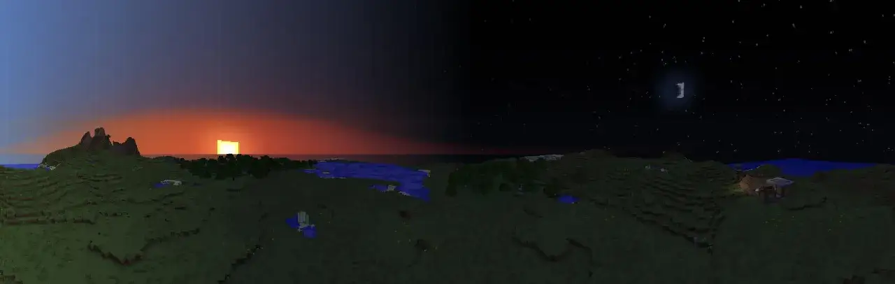 Zachód słońca i nocne niebo pełne gwiazd nad krajobrazem Minecraft. Widać góry, lasy, jeziora i domki. Długość dnia w MC jest krótka.