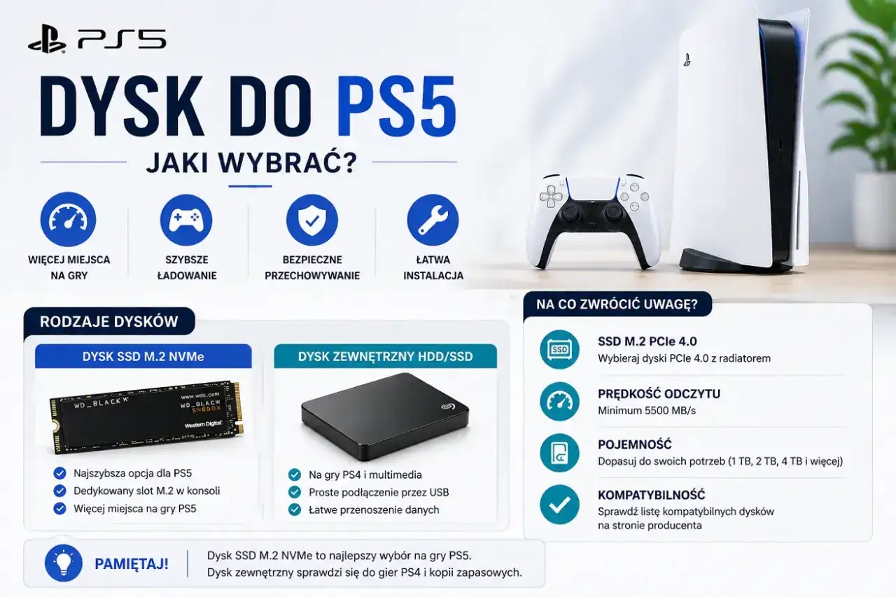 Poradnik wyboru dysku do PS5: szybki dysk SSD M.2 NVMe dla gier PS5 lub dysk zewnętrzny HDD/SSD na starsze tytuły i dane.
