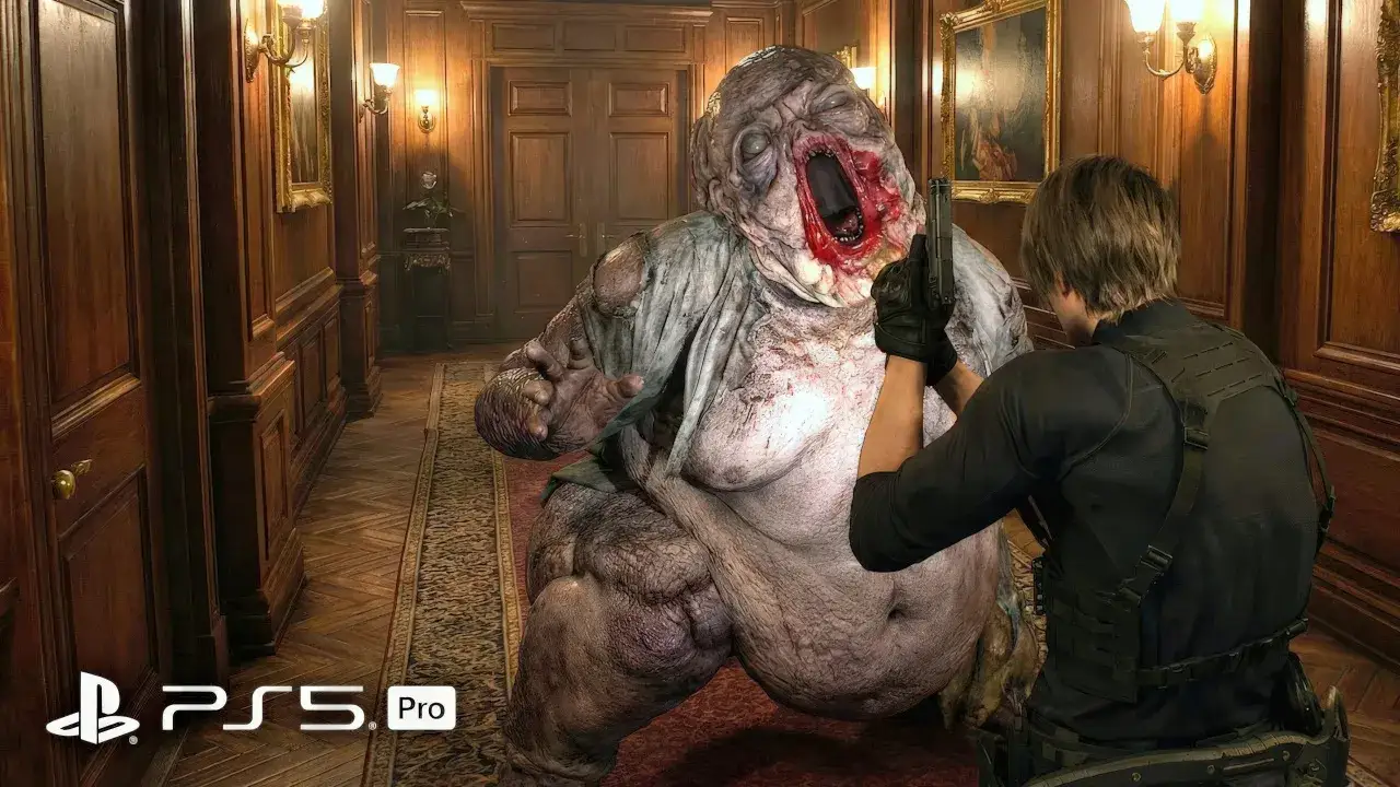 Leon walczy z potworem w Resident Evil 4 Remake na PS5. Potwór ma otwartą paszczę, a Leon celuje do niego z pistoletu.