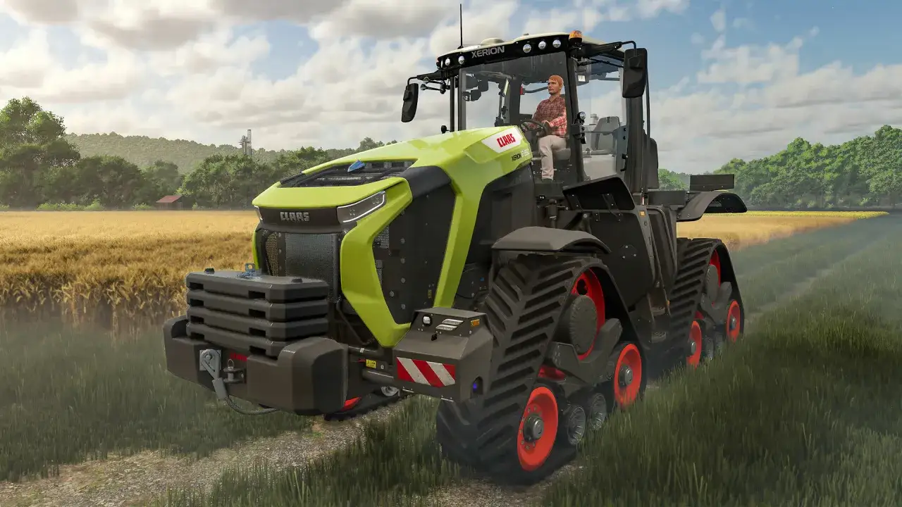 Zielony traktor z gąsienicami i kierowcą, gotowy do pracy na polu. Idealny do symulacji gry, gdzie gracze mogą doświadczyć życia rolnika w gry farmerskie.