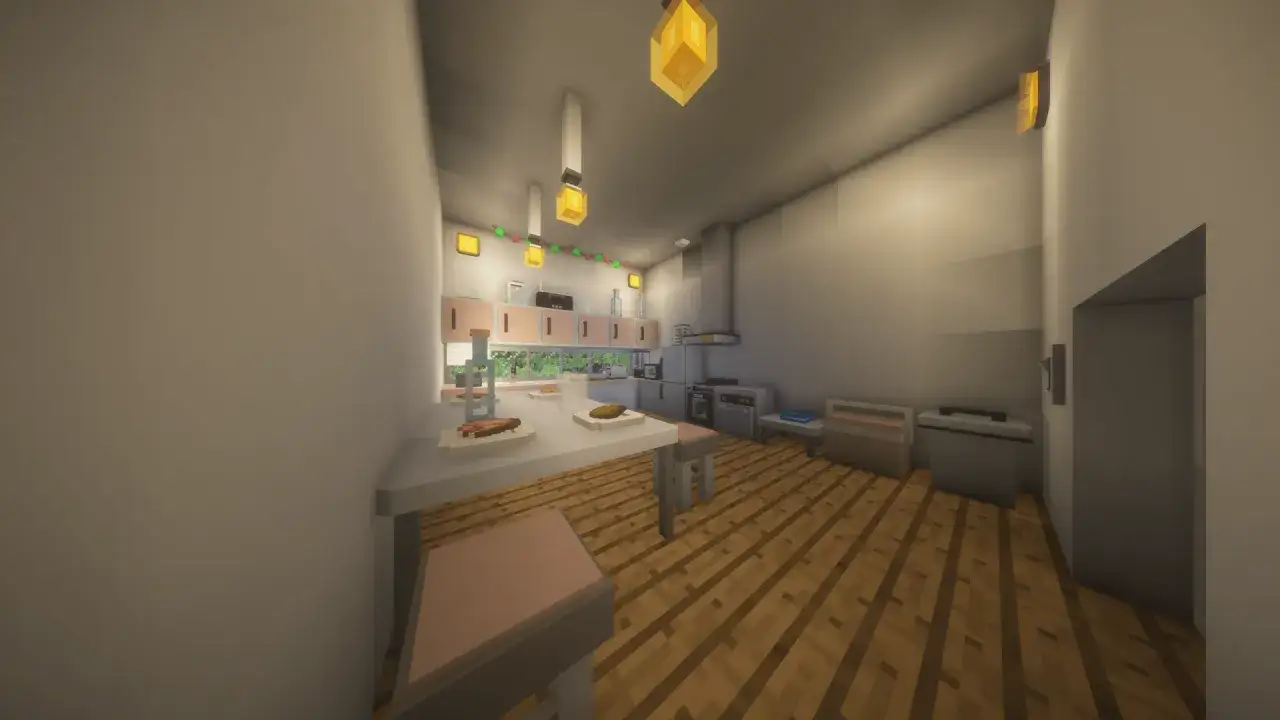 Nowoczesna kuchnia w Minecraft z mrcrayfish's furniture mod. Jasne blaty, r&oacute;żowe szafki i drewniana podłoga.