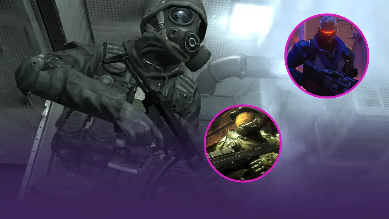 Żołnierz w masce gazowej i dw&oacute;ch bohater&oacute;w z gier, w tym Master Chief, gotowi do akcji w strzelance pierwszoosobowej.