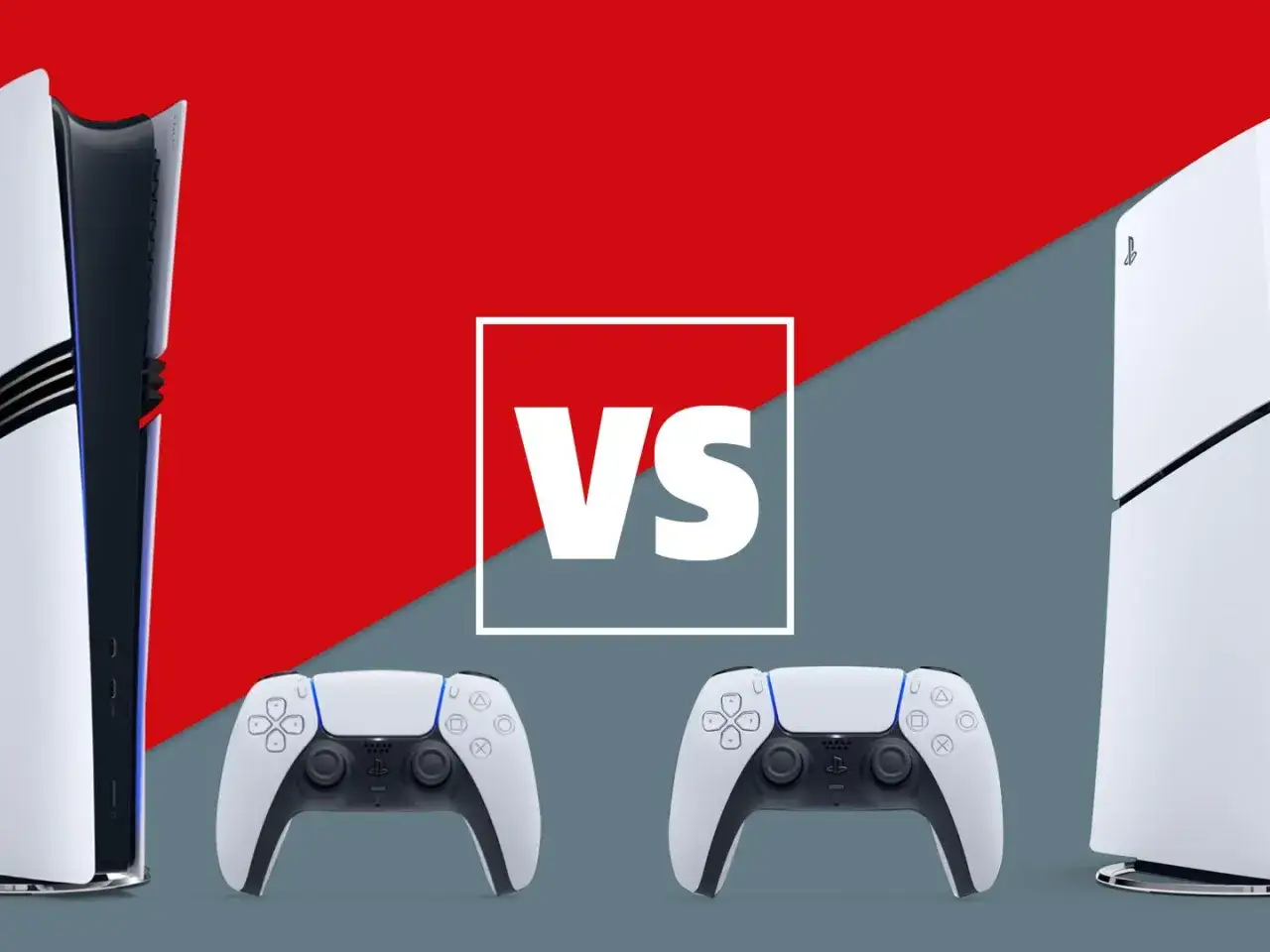 Dwie konsole PlayStation 5 i dwa kontrolery DualSense, gotowe na premierę PS5 Pro.