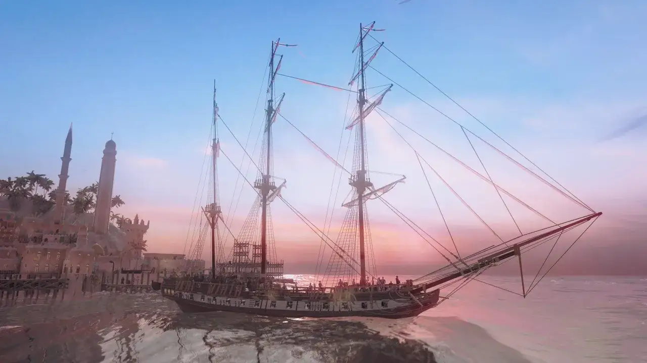 Żaglowiec przy egzotycznym porcie, idealny do gier o piratach. Zach&oacute;d słońca maluje niebo na r&oacute;żowo i niebiesko, tworząc magiczną atmosferę.