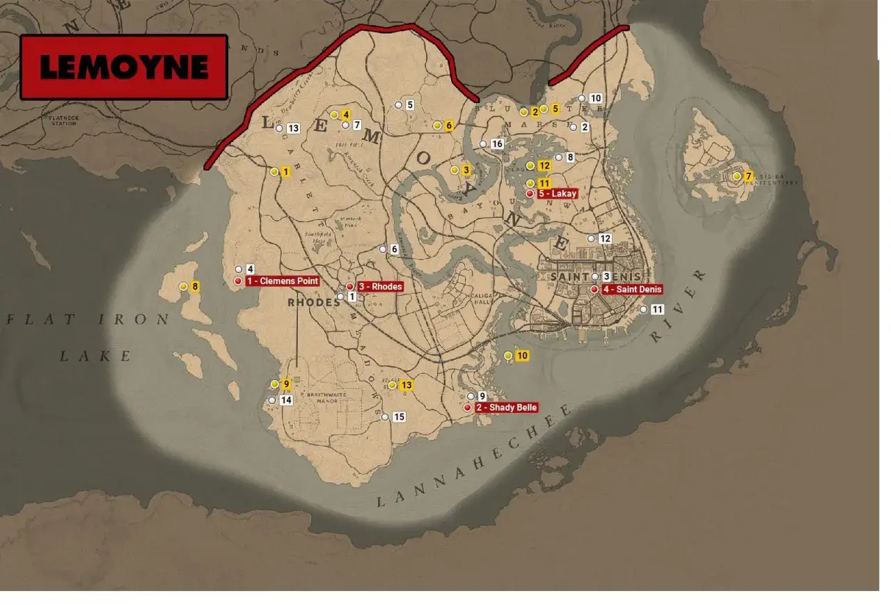 Mapa Lemoyne z zaznaczonymi punktami. Ten red dead redemption 2 poradnik pomoże Ci odnaleźć wszystkie sekrety.