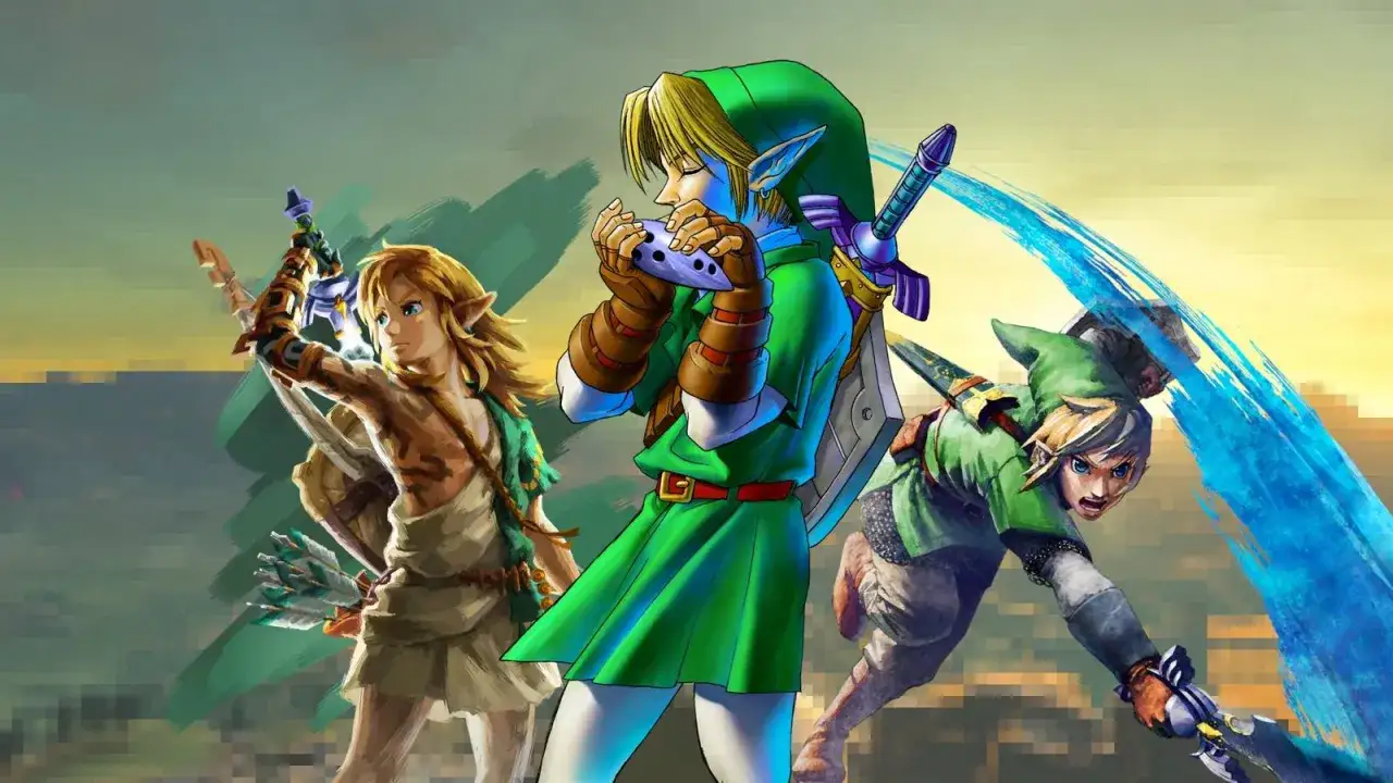 Trzech bohaterów z gry Legend of Zelda: Link gra na ocarinie, drugi z łukiem, trzeci z mieczem.