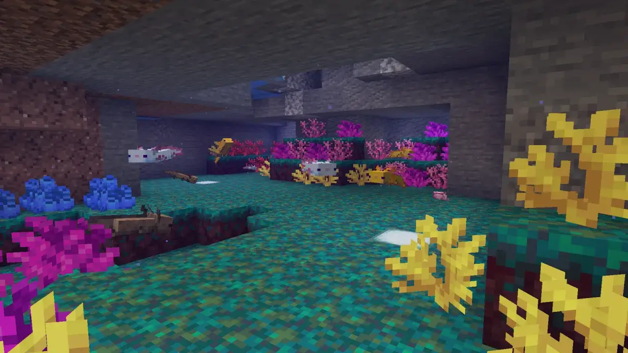 Podwodny świat Minecrafta z kolorowymi koralowcami i kilkoma uroczymi aksolotlami z Minecrafta pływającymi w krystalicznie czystej wodzie.