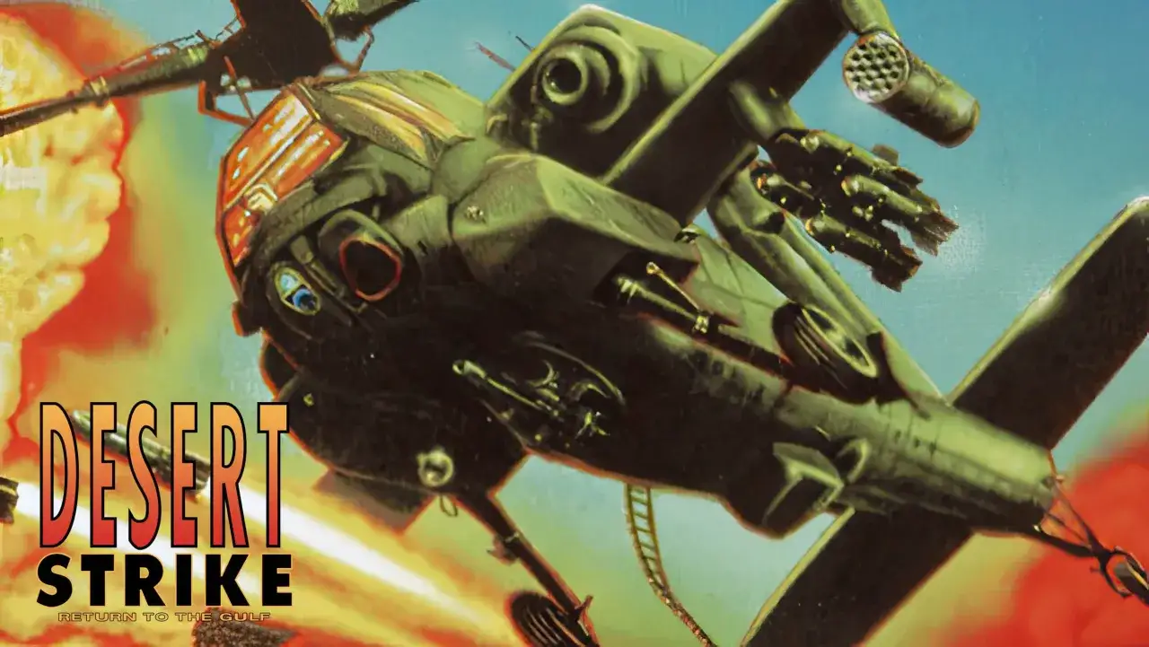 Atak helikoptera bojowego w grze Desert Strike. W tle eksplozja.