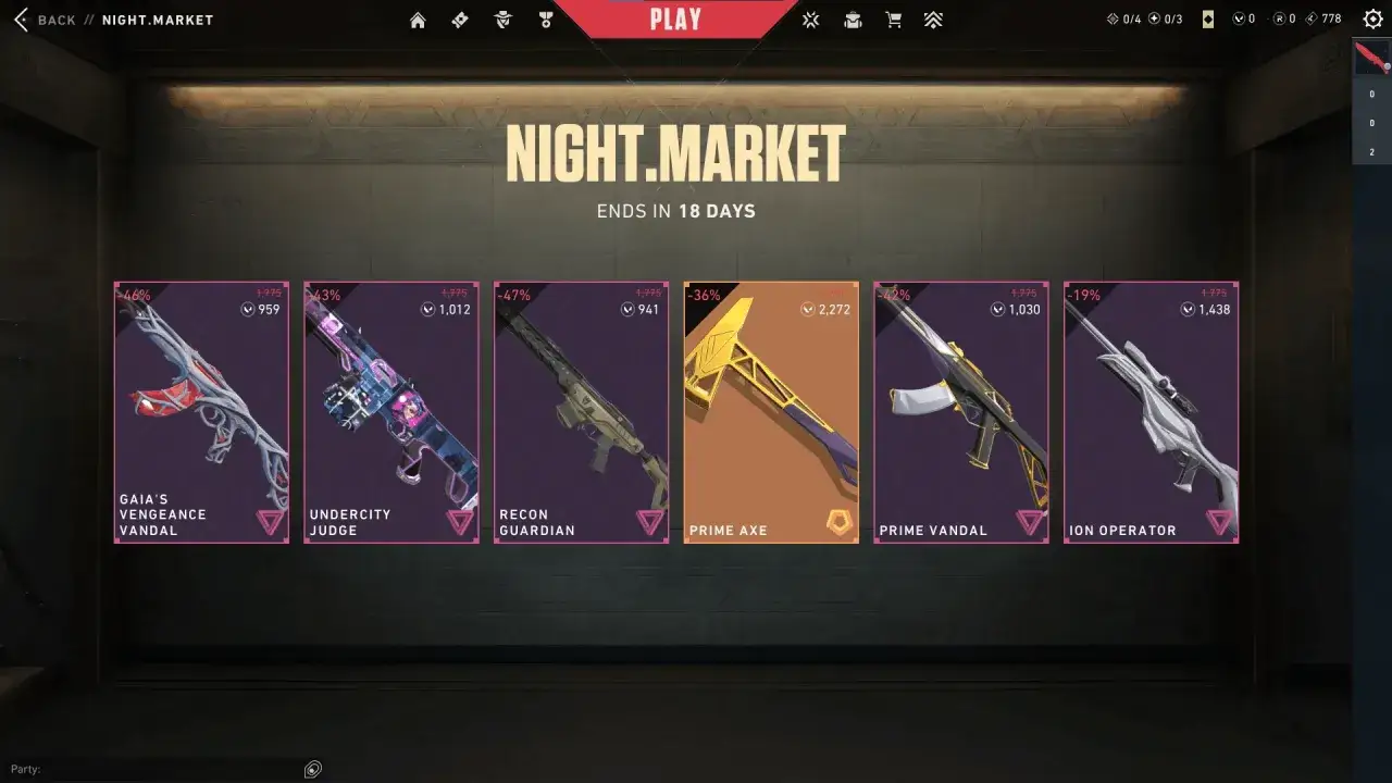 Kiedy night market Valorant, zobaczysz skórki: Gaia's Vengeance Vandal, Undercity Judge, Recon Guardian, Prime Axe, Prime Vandal i Ion Operator.