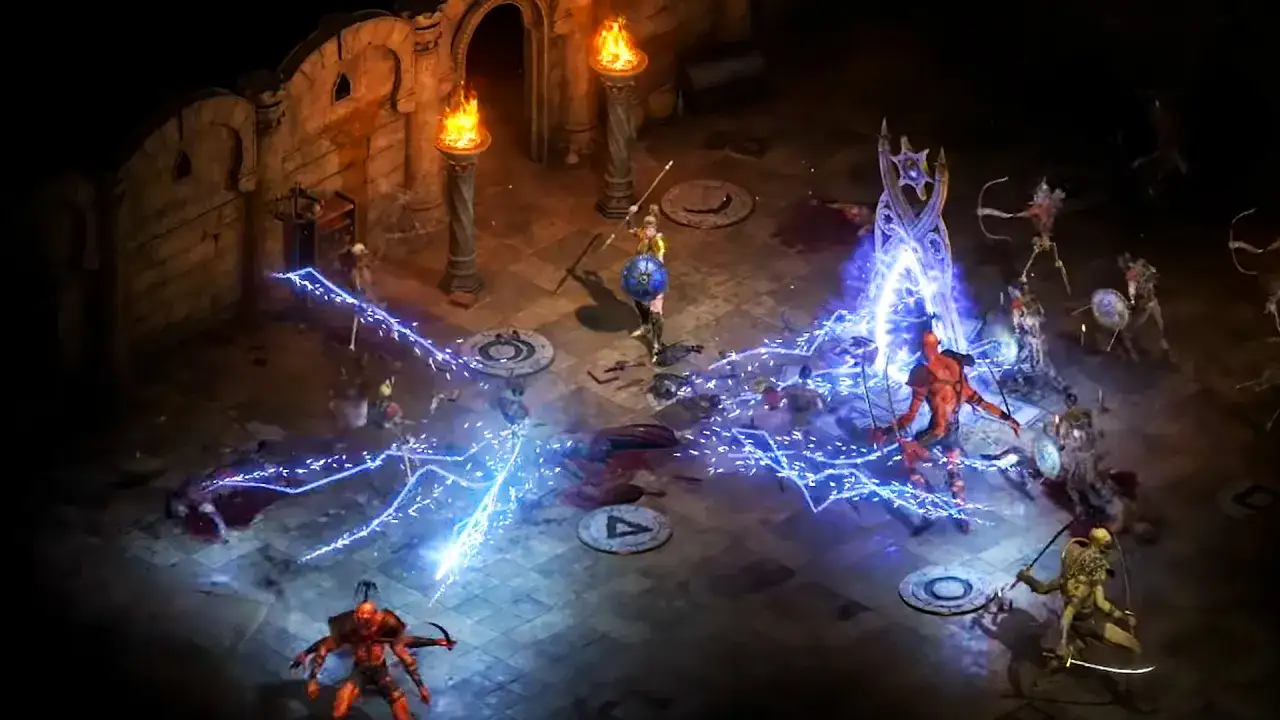 Wojowniczka walczy z demonami i szkieletami w mrocznym lochu w Diablo 2 Resurrected na PS5.