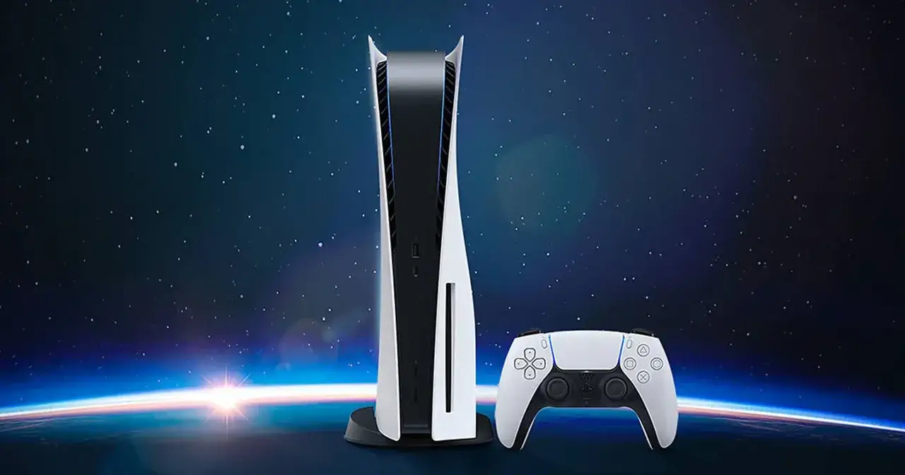 Konsola PS5 i kontroler DualSense na tle kosmosu. Pamiętasz, kiedy wyszło PS5?