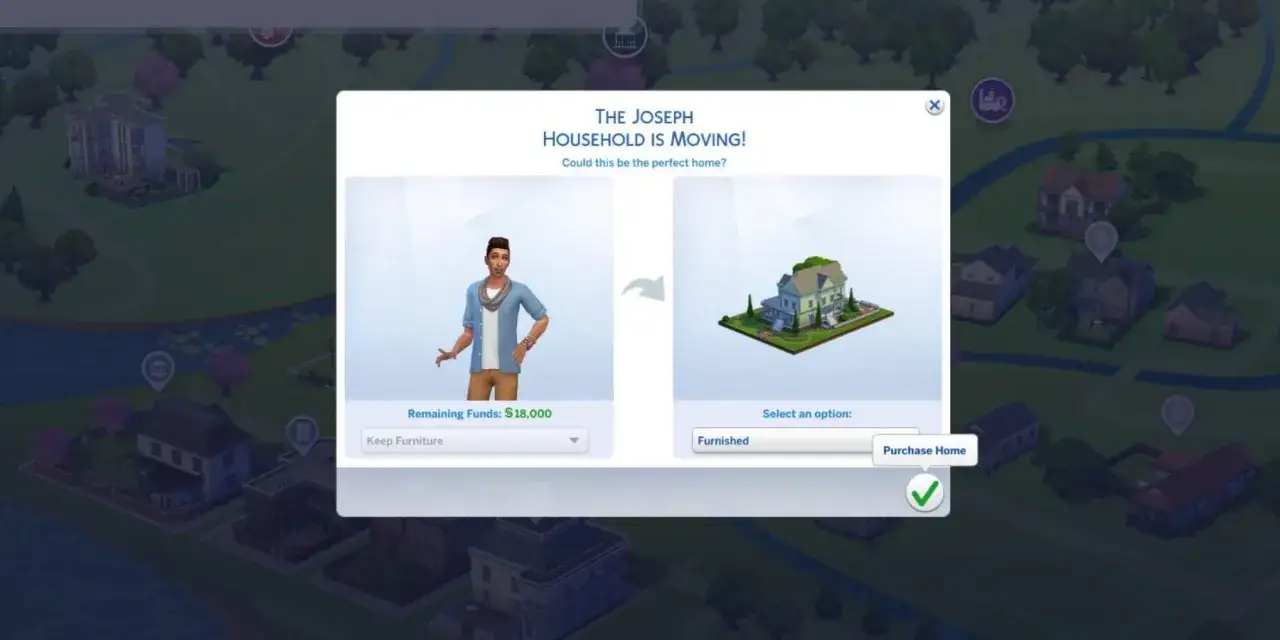 Wyb&oacute;r domu dla rodziny w The Sims 4. Czy to będą darmowe parcele? Gracz ma 18 000 simoleon&oacute;w.