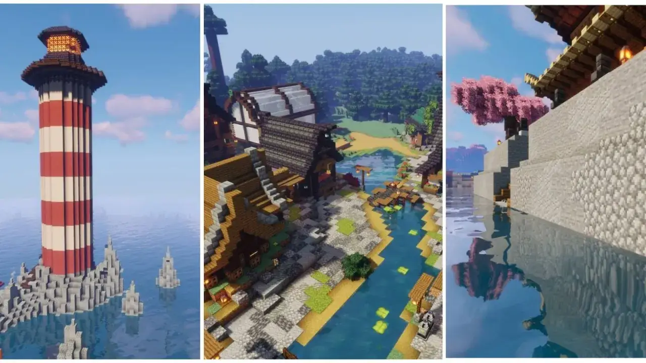Trzy sceny z gry Minecraft: latarnia morska, wioska nad rzeką i budowla z kwitnącą wiśnią. Inspiracje dla lepszego vanilla building.