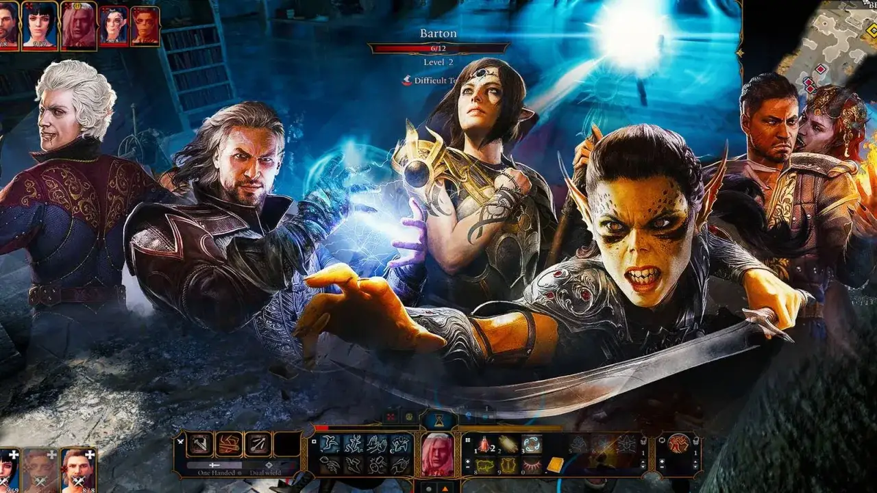 Postacie z Baldur's Gate III w akcji, gotowe do walki. Widać magię i groźne spojrzenia.