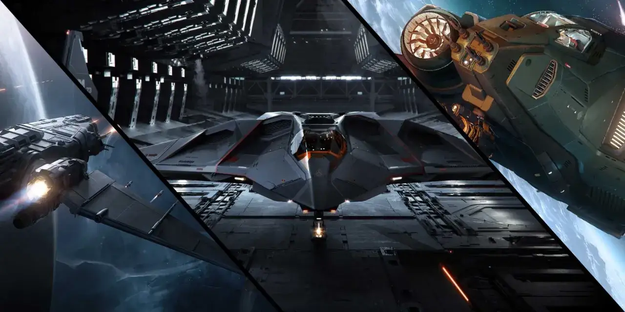 Trzy statki kosmiczne z gry Star Citizen: jeden w hangarze, drugi w przestrzeni kosmicznej, a trzeci zbliżający się do planety.