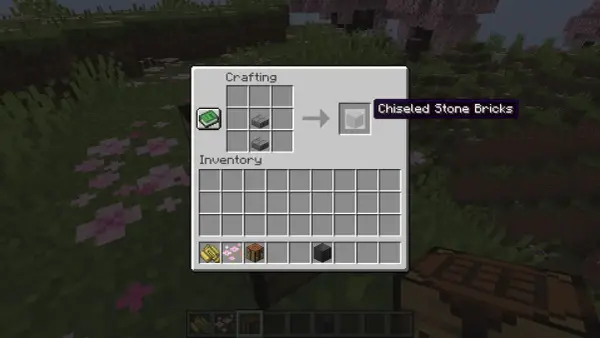 Jak zrobic kamienne cegły w MC: dwa kamienne bloki w crafting table tworzą rzeźbione kamienne cegły.